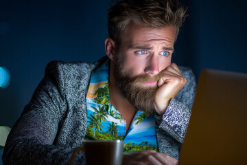 Bearded man working late on laptop with coffee cup