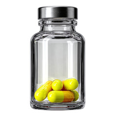 Modern straight-edged bottle, mostly empty except for four bright yellow capsules at the base, strong rim light, realistic plastic modeling, isolated transparent background