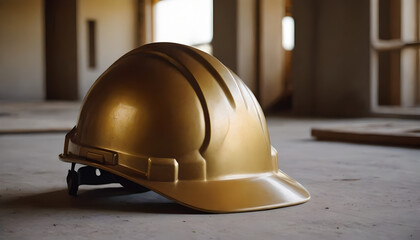 gold hard hat inside a building
