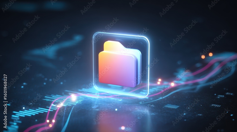 Poster digital folder icon with glowing lines, representing data storage and technology.