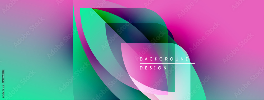 Poster abstract fluid shapes blend vibrant pinks, blues, greens. modern design features text background, de
