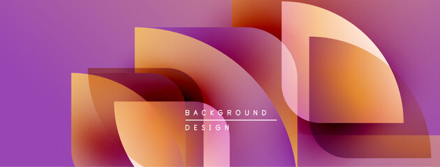 Abstract geometric shapes overlap, creating vibrant gradients. Purple background complements orange, brown hues. Modern design element.
