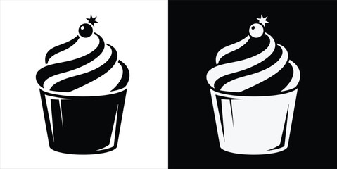 Monochrome Cupcake Icon Collection with Swirled Frosting and Berry Accent for Dessert Designs