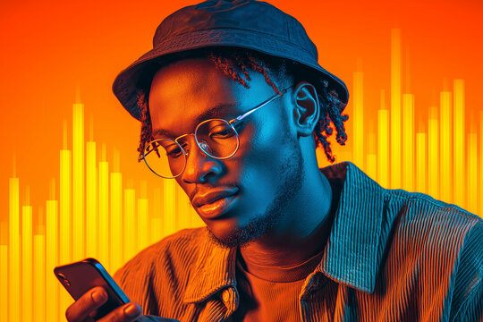 Young man checking cryptocurrency market on phone with orange background