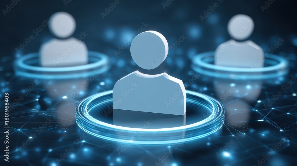 Poster digital silhouettes of people connected by glowing network circles, symbolizing communication and co