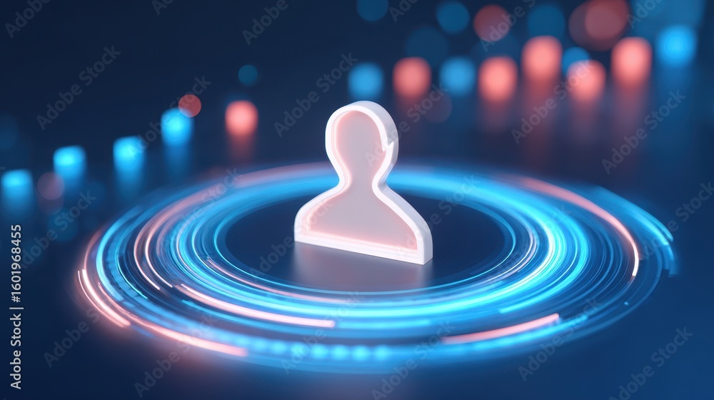 Poster abstract digital representation of a user icon surrounded by glowing circular light patterns in blue