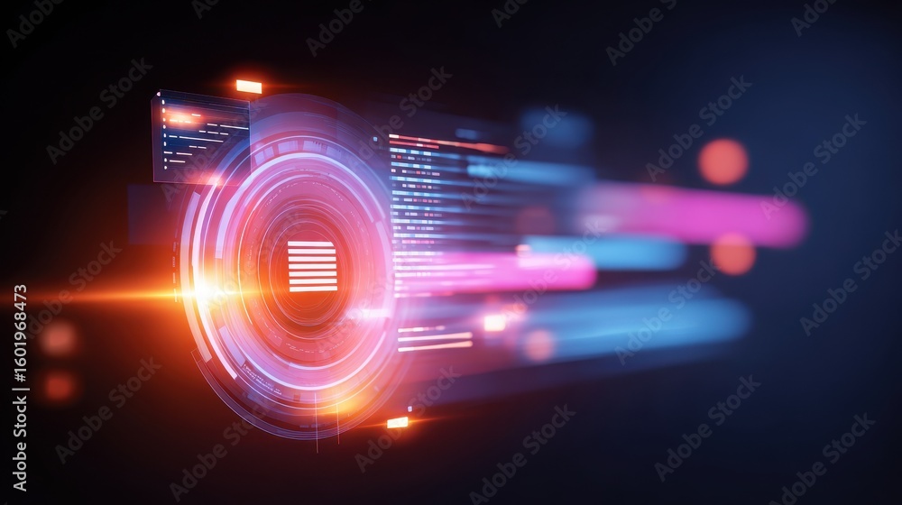 Aufkleber Futuristic digital design with vibrant colors and circular patterns, representing technology and data flow.