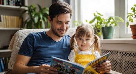 Father daughter reading comic book together at home bonding family time happy childhood learning fun story father's day