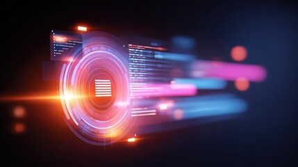 Futuristic digital design with vibrant colors and circular patterns, representing technology and data flow.