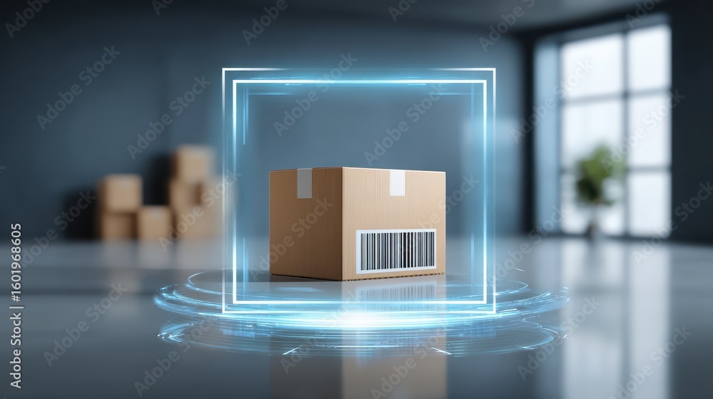 Poster digital rendering of a wooden box with a barcode, surrounded by a glowing frame, set in a modern roo