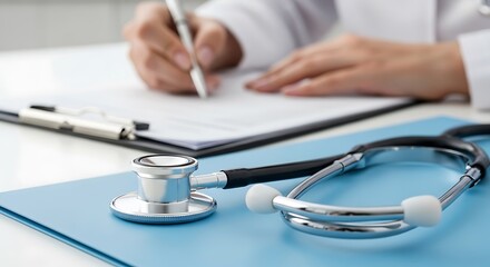 Doctor writing notes with stethoscope on blue medical cloth