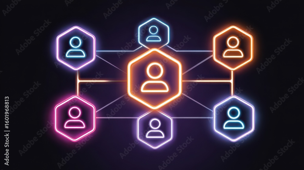 Poster a network of connected user icons in neon hexagons, symbolizing digital communication and collaborat
