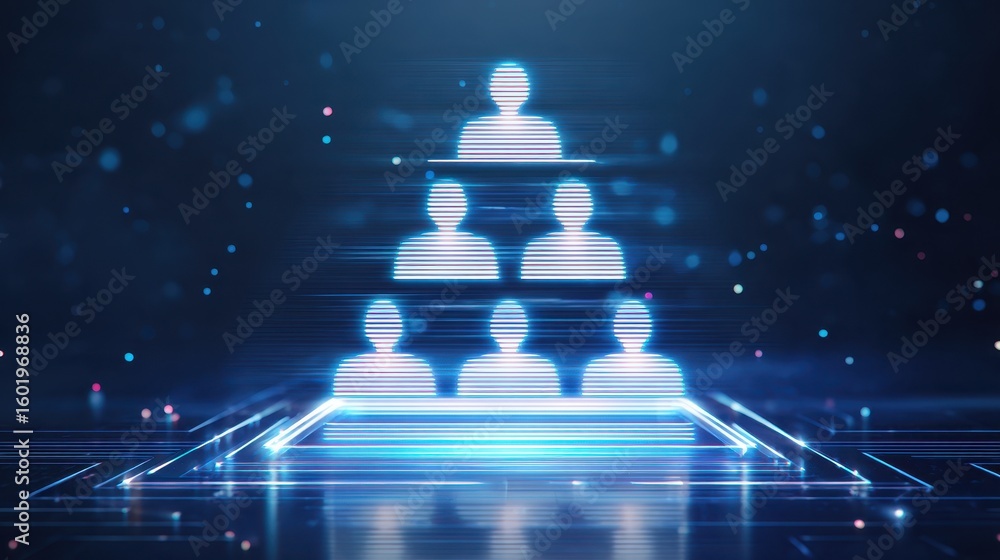 Poster abstract digital representation of people in a hierarchical structure, featuring glowing lines and a