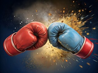 Red and Blue Boxing Gloves Colliding with Explosive Dust