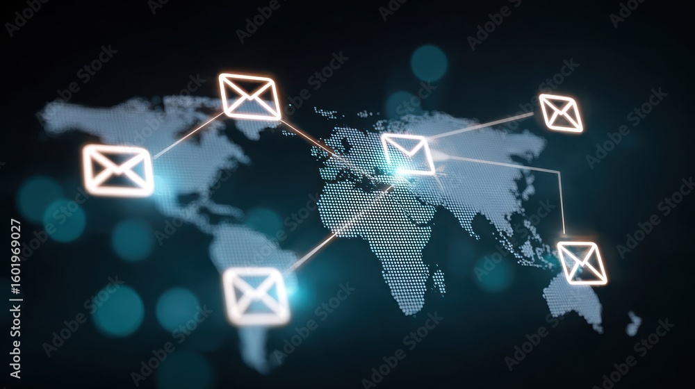 Poster digital map with interconnected email icons overlaid, symbolizing global communication and connectiv