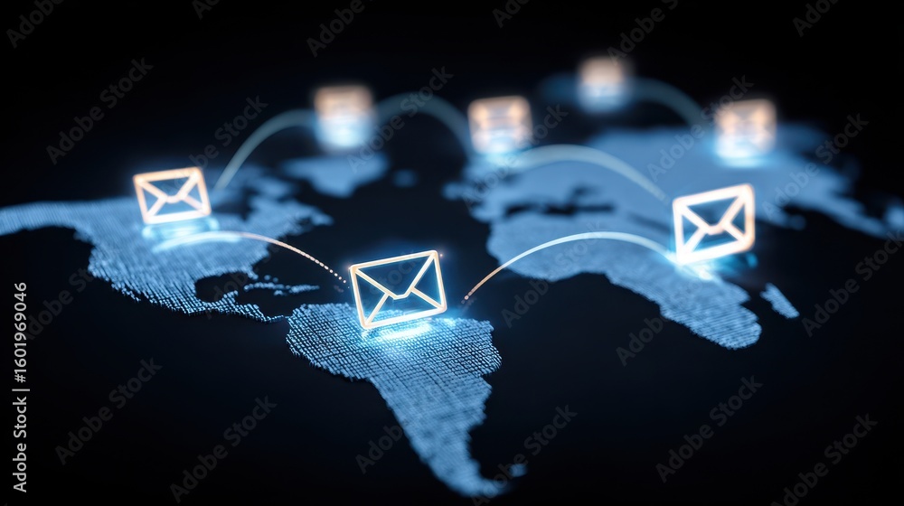 Aufkleber global network of email communication represented with glowing icons over a digital map, illustratin