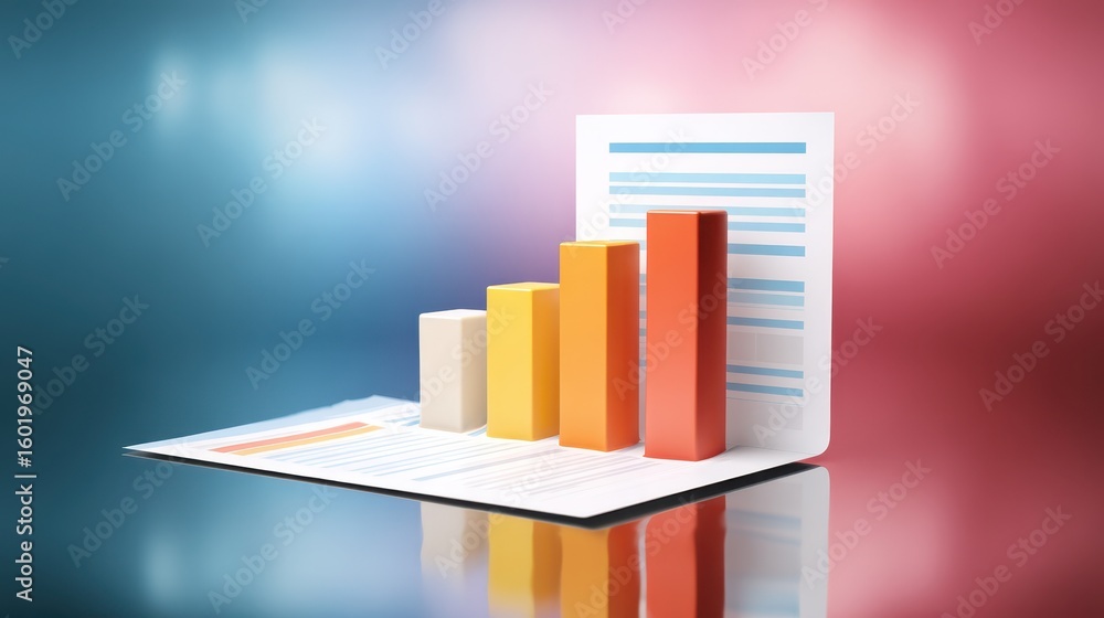 Poster colorful bar graphs on a reflective surface alongside a document, representing data analysis and bus