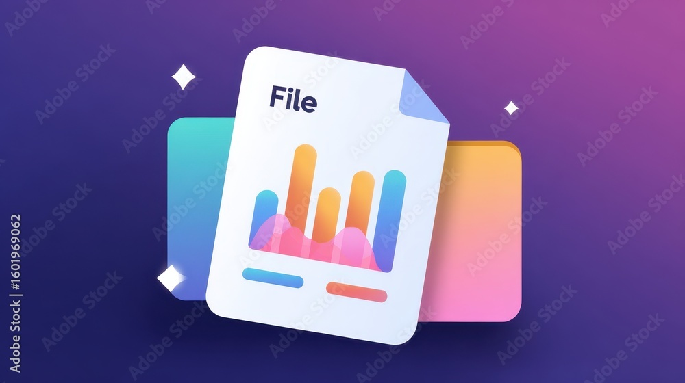 Aufkleber file document with colorful chart graphics on a gradient background, representing data analysis and 