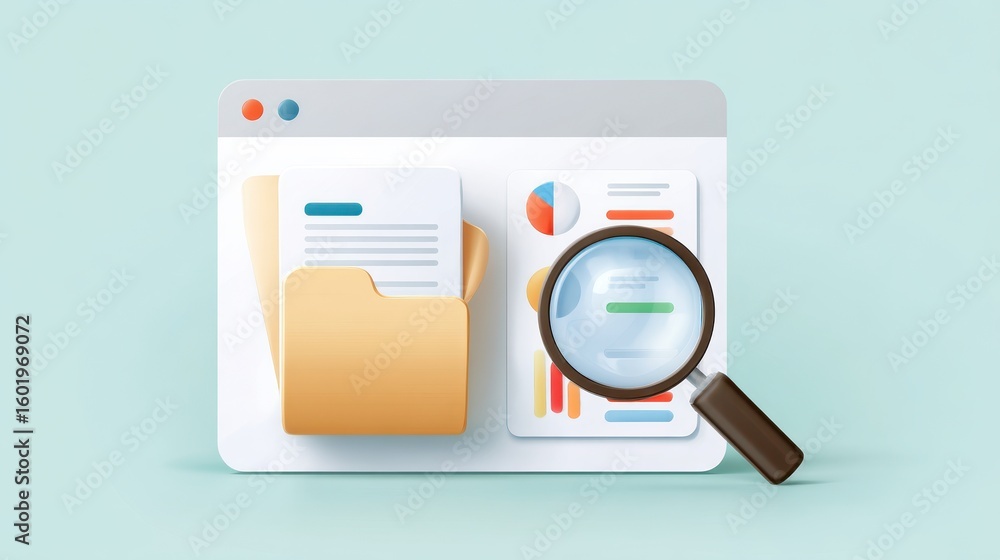 Poster digital illustration of a web browser displaying files and a magnifying glass, symbolizing data anal