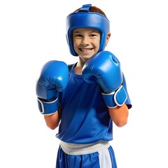 Smiling boy in blue boxing gear and gloves child