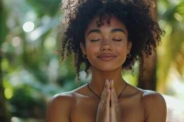 Happy young Black woman praying and doing yoga deep breathing meditation on a spa wellness retreat in a tropical green forest on vacation, Generative AI