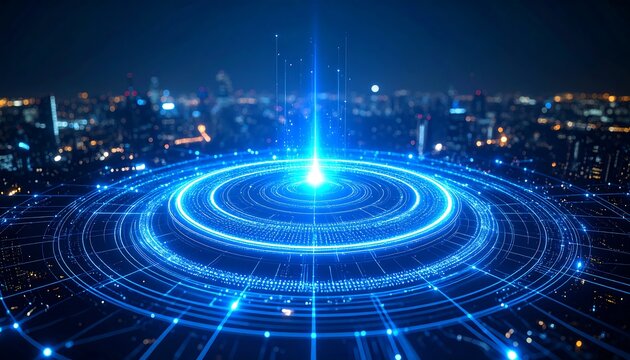 Futuristic city interface with glowing concentric circles