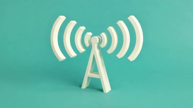 3D icon style minimalist signal tower emitting animated radio waves outward, isolated on a green background.