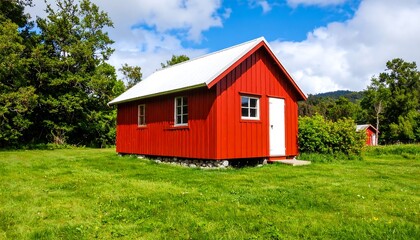 Obraz premium Small red cabin in a grassy field under a partly cloudy sky