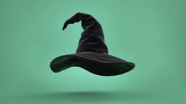3D icon style classic witch hat with a curled tip, floating upward and spinning slowly, isolated on a green background.