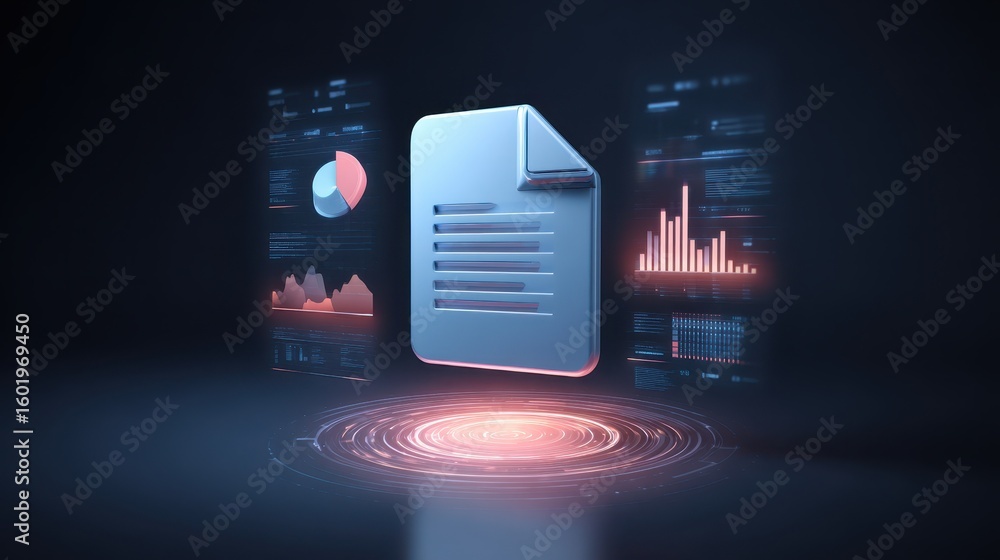 Poster digital document surrounded by data visualizations, representing technology and information analysis