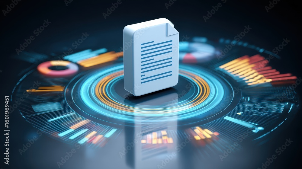 Poster digital illustration of a document surrounded by data visualizations and graphs, symbolizing informa