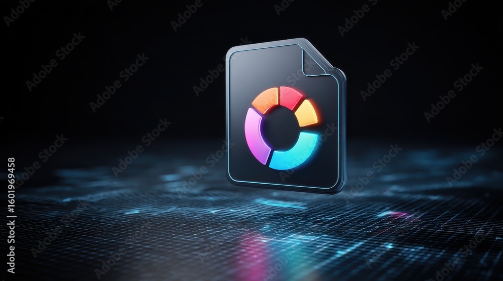 Poster digital graphic featuring a colorful data visualization icon on a dark, futuristic background.
