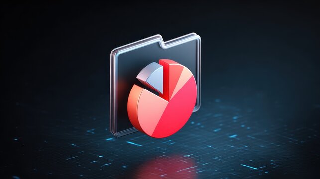 3D graphic of a pie chart inside a transparent folder, symbolizing data organization and analytics.