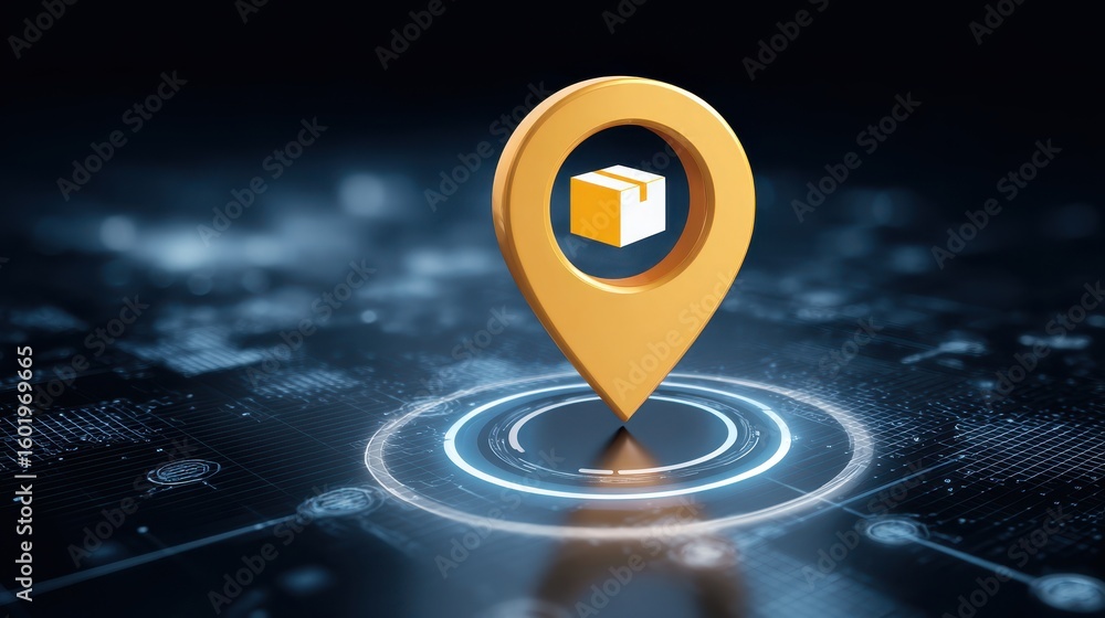 Poster digital graphic depicting a location pin with a package symbol, representing logistics and delivery 