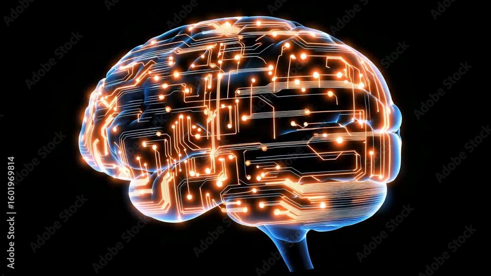 Poster animated human brain with electronic circuitry, representing artificial intelligence and neural