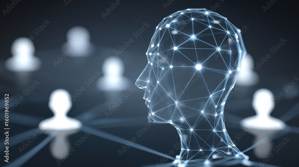 Poster a digital representation of a human head made of interconnected lines, symbolizing artificial intell