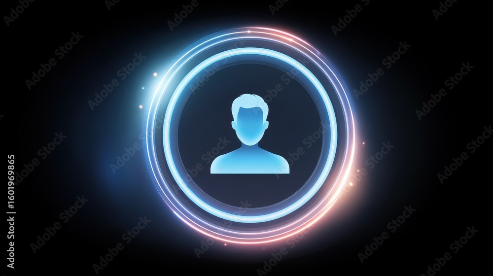 Poster abstract digital representation of a user profile within a glowing circular frame, emphasizing techn