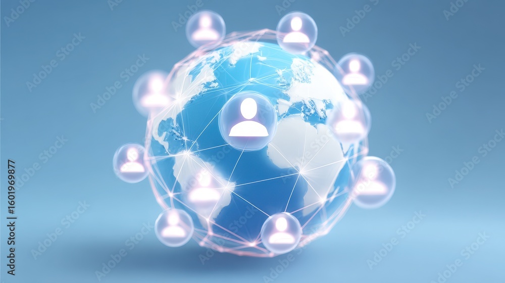 Poster digital globe with interconnected human icons representing global communication and networking.