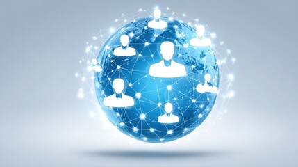 A digital globe representing global connectivity and communication through social networks and people icons.