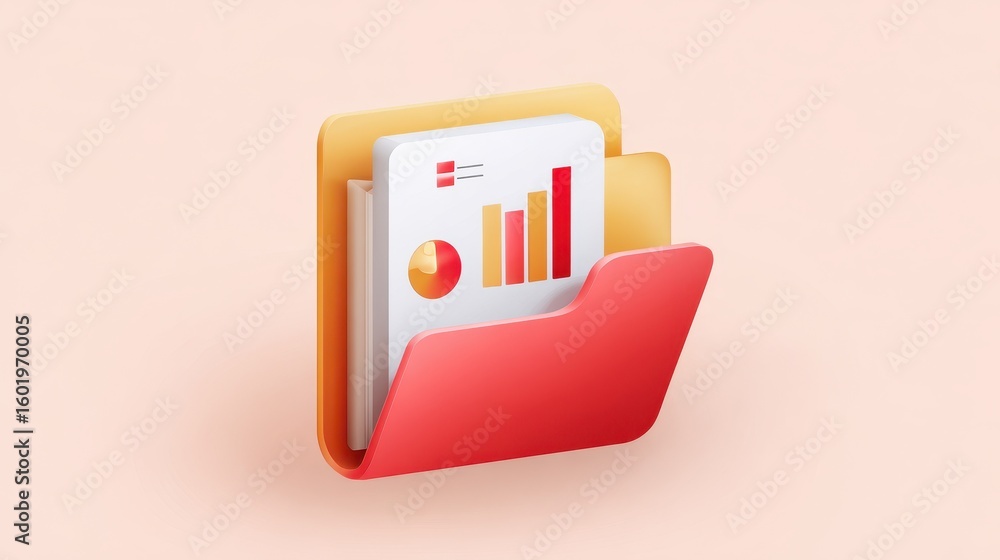 Poster digital illustration of a folder containing graphs and charts, symbolizing data organization and ana