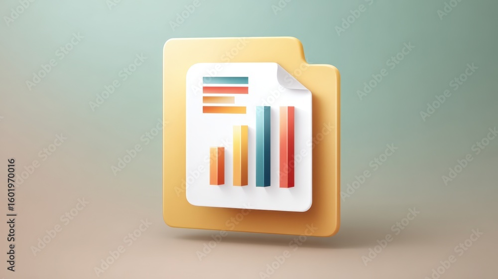 Poster digital illustration of a folder containing a document with colorful graphs, representing data manag