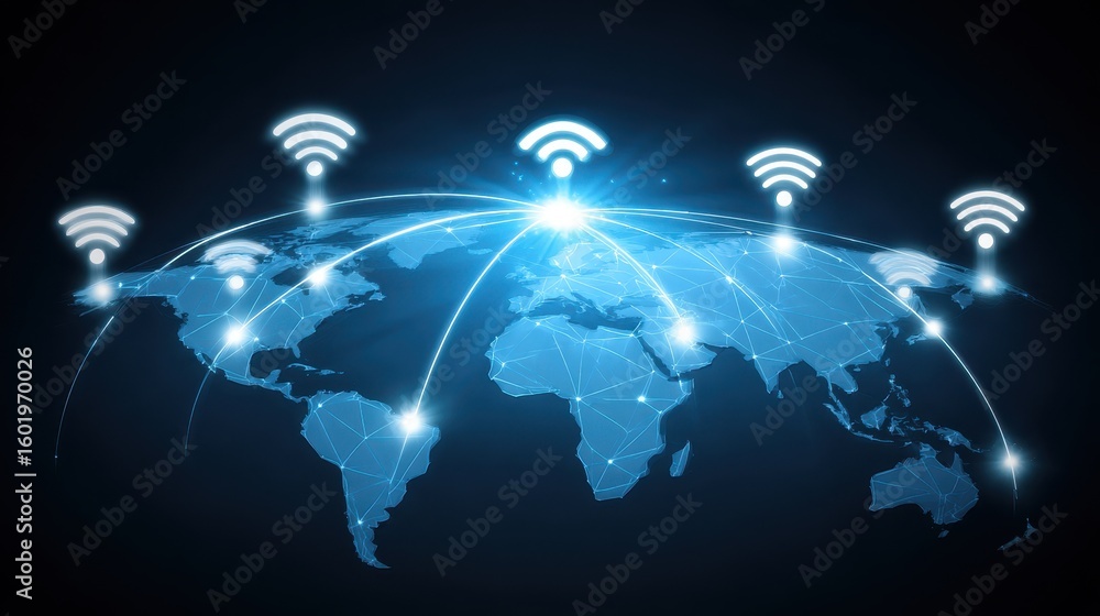 Poster global network connectivity illustration featuring a map with signals radiating from various points.
