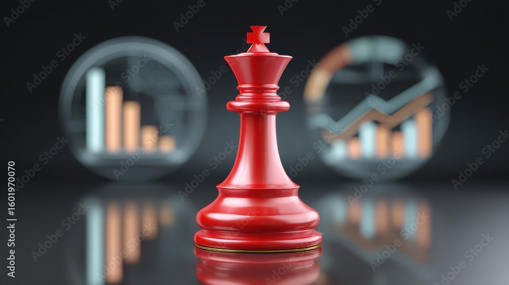 Poster a red chess king stands in the foreground with graphs in the background, symbolizing strategy and bu