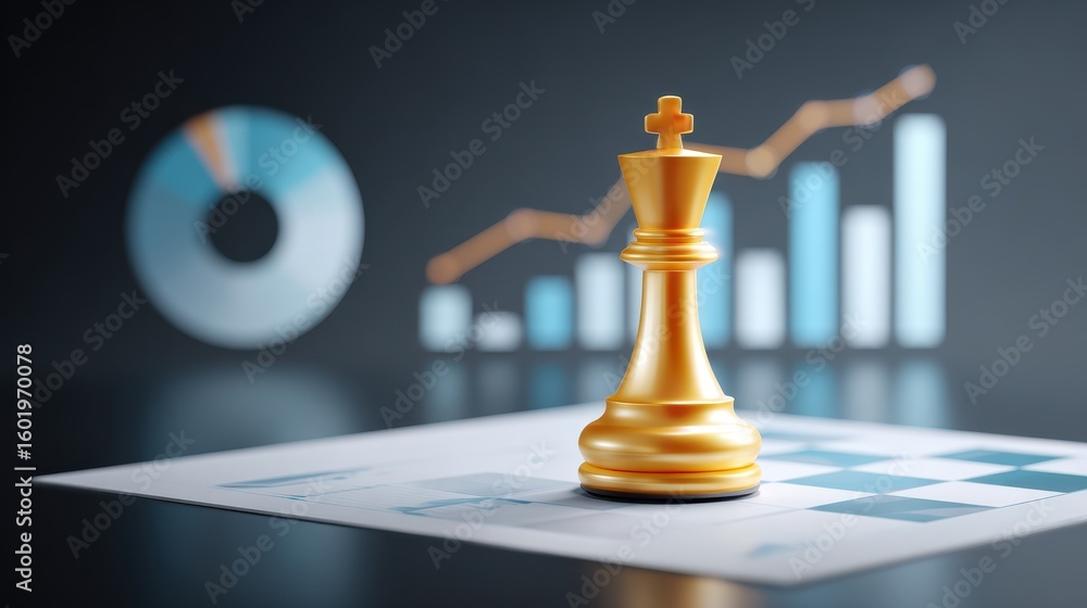 Poster a golden chess piece is positioned on a chessboard with financial graphs and charts in the backgroun