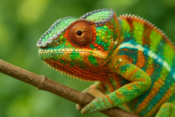 Obraz premium Vibrant chameleon perched on a branch in lush greenery
