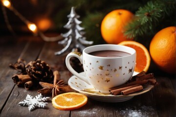 Festive and cozy closeup of hot chocolate cup with Christmas decorations on wooden table, blurred background.