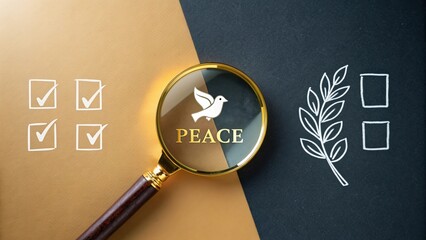 Peace process concept with magnifying glass, dove, olive branch and checklist for conflict resolution