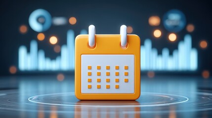 Digital calendar icon with a vibrant background featuring abstract data visuals, symbolizing organization and planning in a modern context.