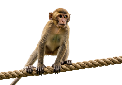 Monkey sitting on a thick rope isolated on transparent background