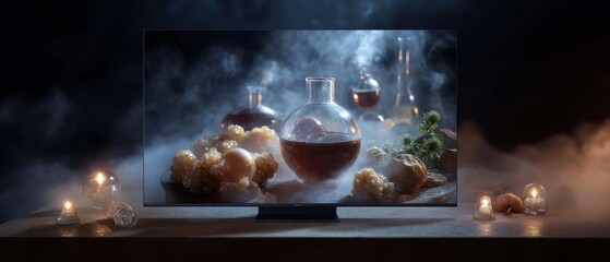 Modern smart television showcasing fantasy potions in mystical setting